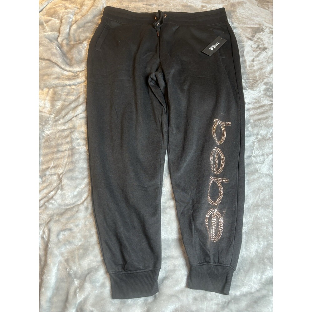 NWT BEBE Jogger Pants Plush Rhinestone‎ Women's Jogger Sweatpants  Black Size 2X